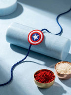 NVR Stylish Red & Blue Avengers Design Kids Rakhi with Roli Chawal Chandan Mishri | Grocsy