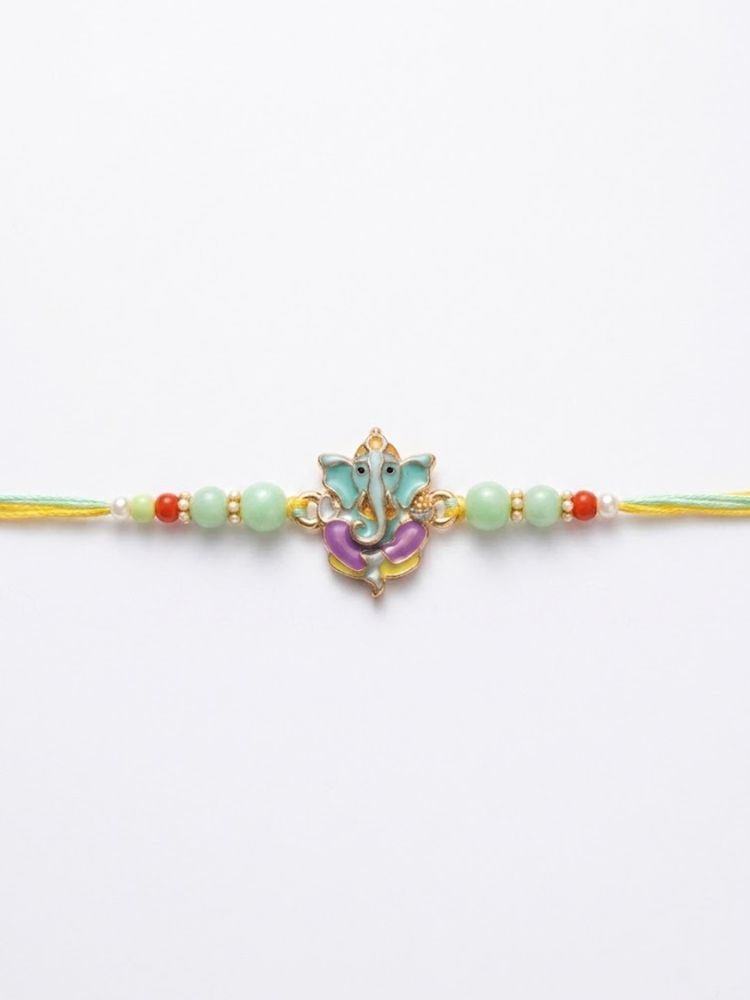 NVR Multicolor Artificial Beads Ganesh Ji Thread Rakhi With Roli Chawal Chandan Mishri | Grocsy