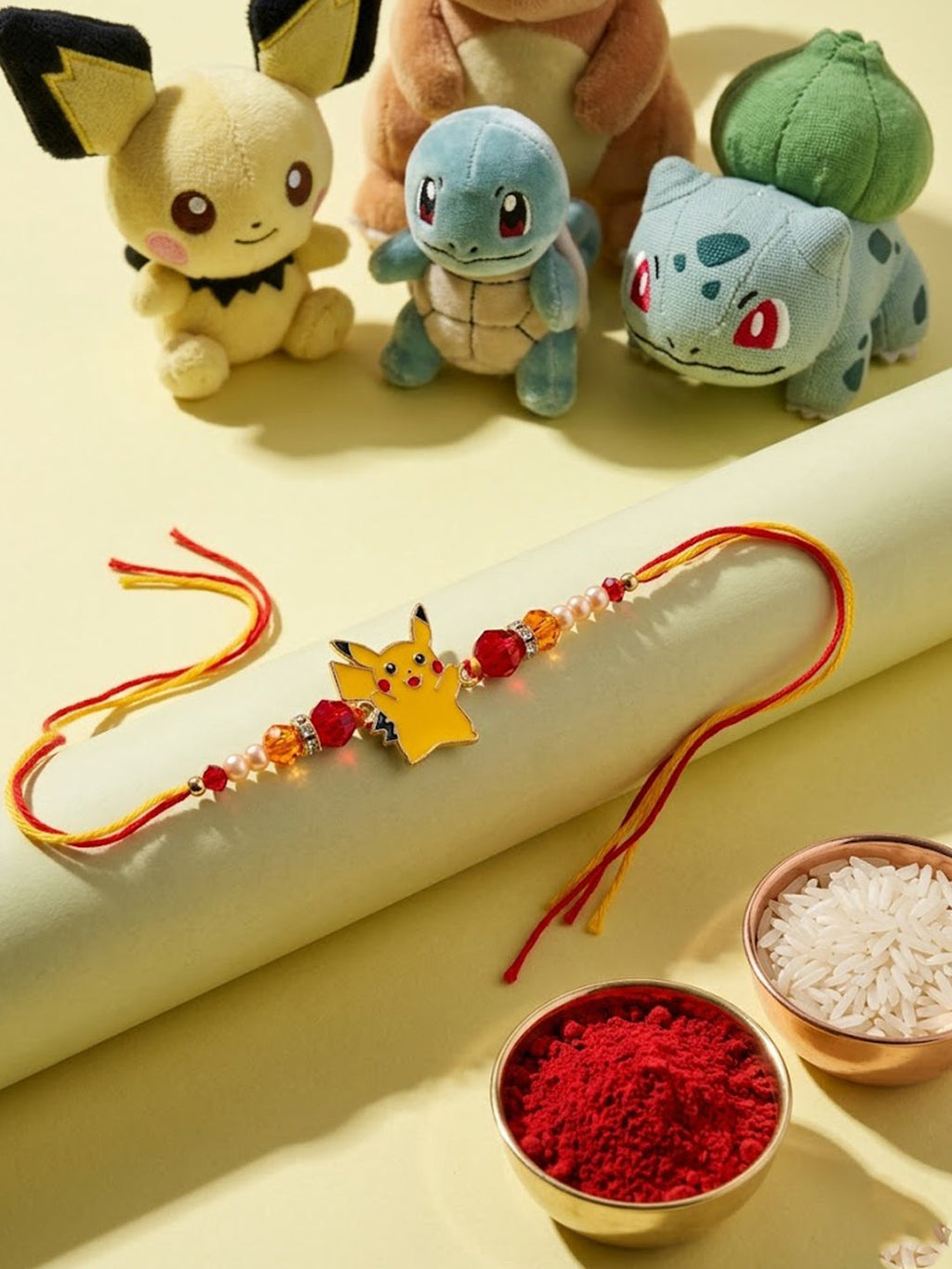 NVR Kids Pikachu Pokemon Cartoon Yellow & Red Thread Rakhi with Roli Chawal Chandan Mishri | Grocsy