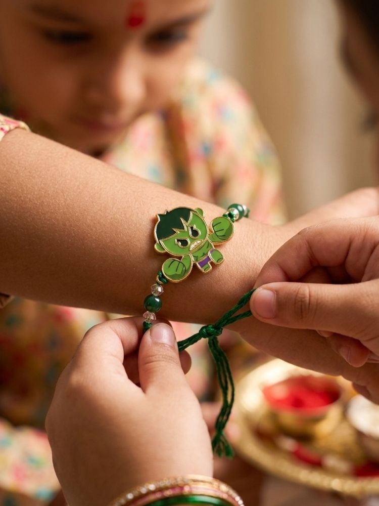 NVR Kids Hulk Character Artificial Beads Thread Rakhi with Roli Chawal Chandan Mishri | Grocsy
