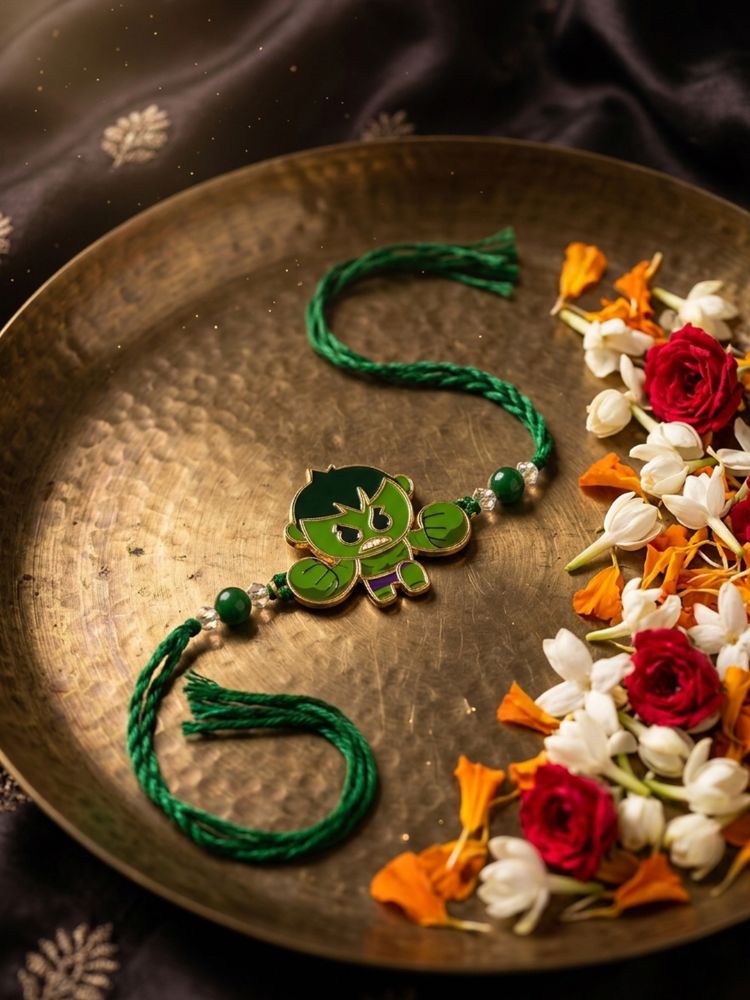 NVR Kids Hulk Character Artificial Beads Thread Rakhi with Roli Chawal Chandan Mishri | Grocsy