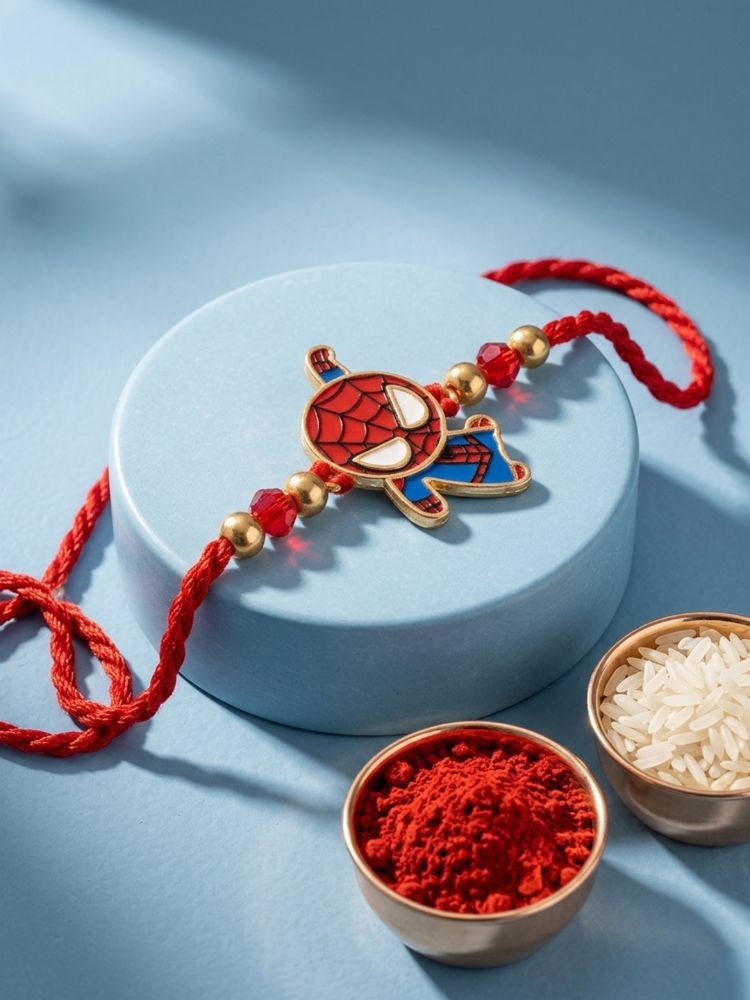 NVR Kids Spider Man Character Artificial Beads Thread Rakhi with Roli Chawal Chandan | Grocsy