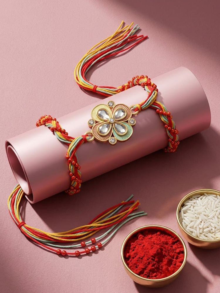 NVR Traditional Artificial Stones Thread Rakhi with Roli Chawal Chandan Mishri | Grocsy