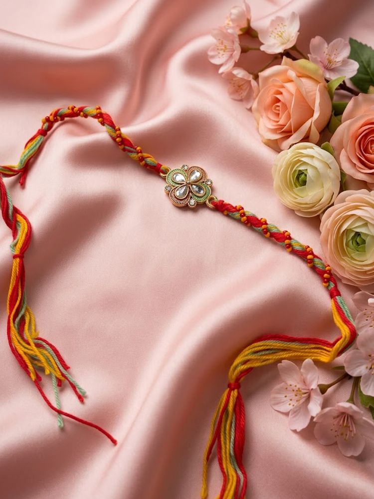 NVR Traditional Artificial Stones Thread Rakhi with Roli Chawal Chandan Mishri | Grocsy