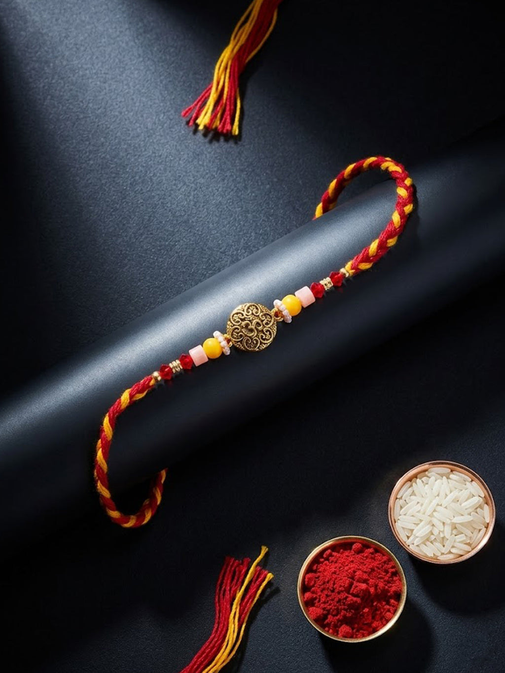 NVR Artificial Beads Decorative Om Design Religious Thread Rakhi with Roli Chawal Chandan | Grocsy