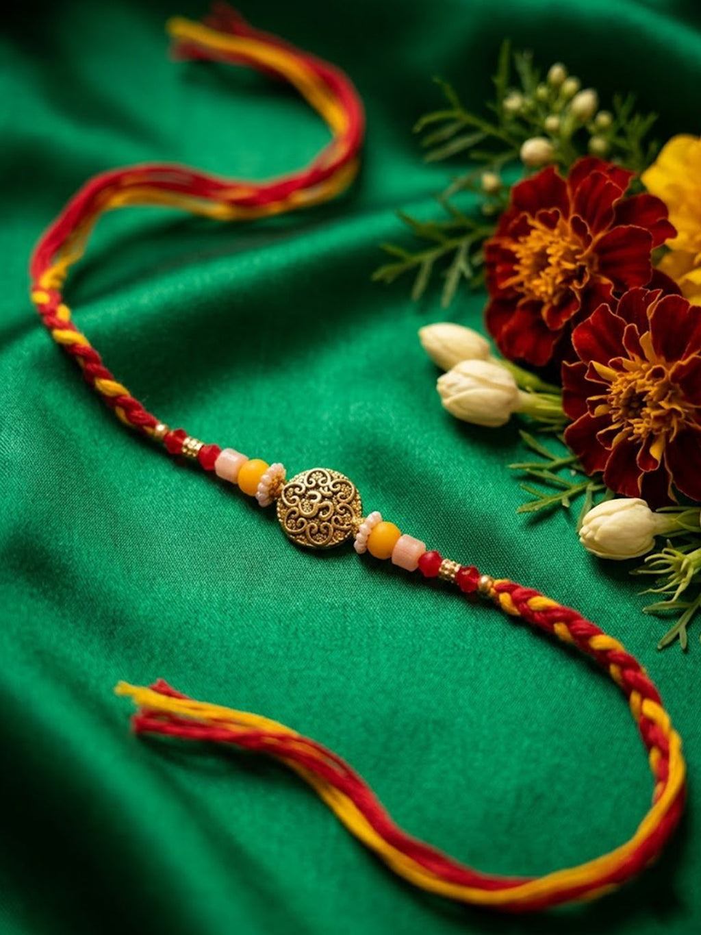 NVR Artificial Beads Decorative Om Design Religious Thread Rakhi with Roli Chawal Chandan | Grocsy