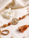 NVR Rudraksh & Kundan Studded Gold Toned Thread Rakhi with Roli Chawal Chandan Mishri | Grocsy