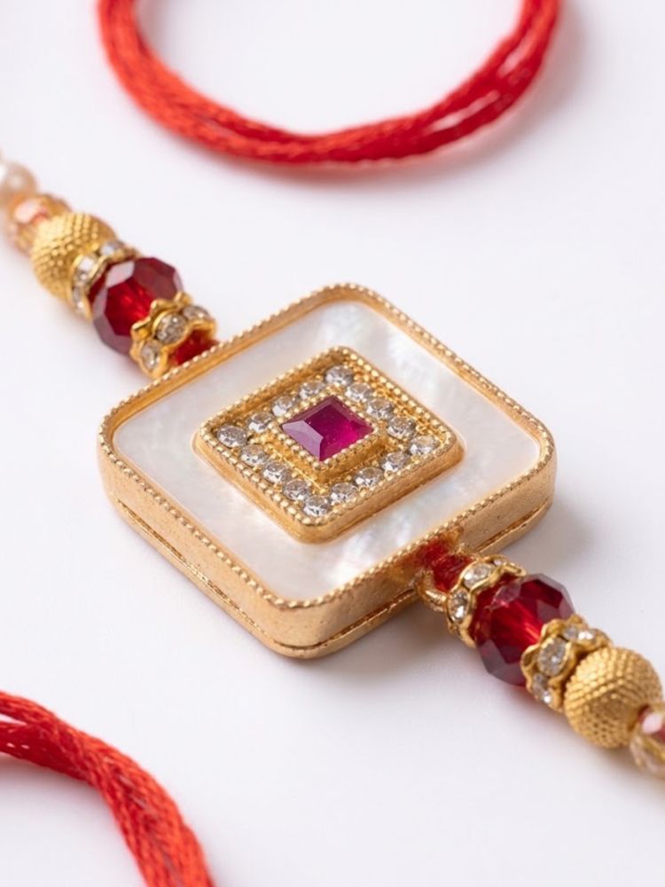 NVR Square Design Multicolor Artificial Stones & Pearls Thread Rakhi With Roli Chawal | Grocsy