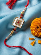NVR Square Design Multicolor Artificial Stones & Pearls Thread Rakhi With Roli Chawal | Grocsy