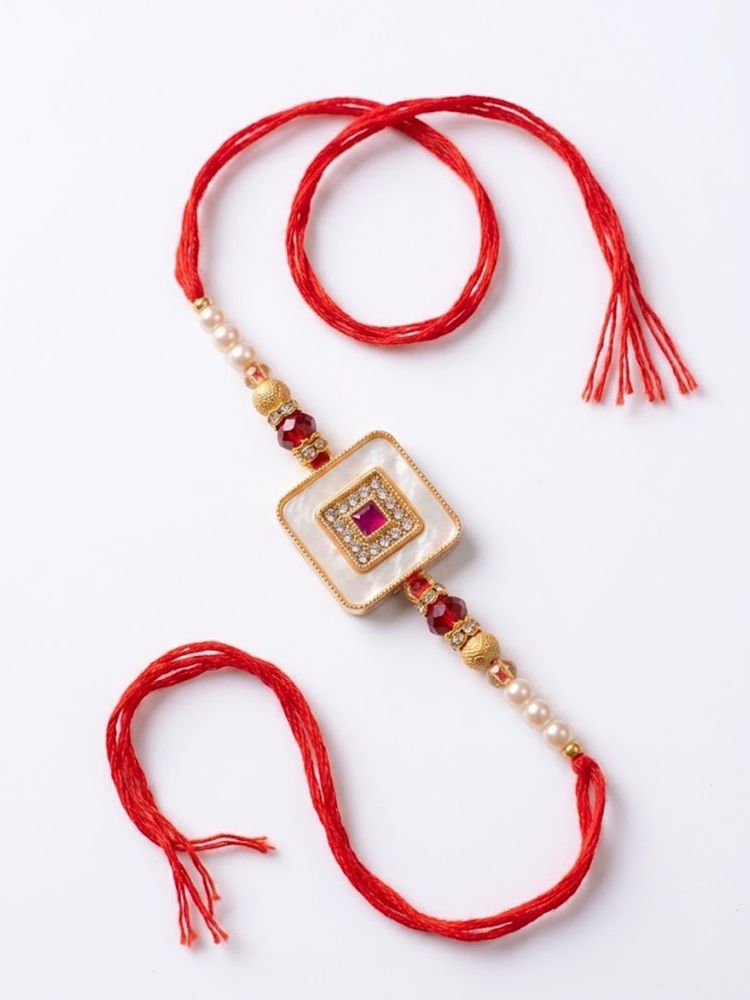 NVR Square Design Multicolor Artificial Stones & Pearls Thread Rakhi With Roli Chawal | Grocsy