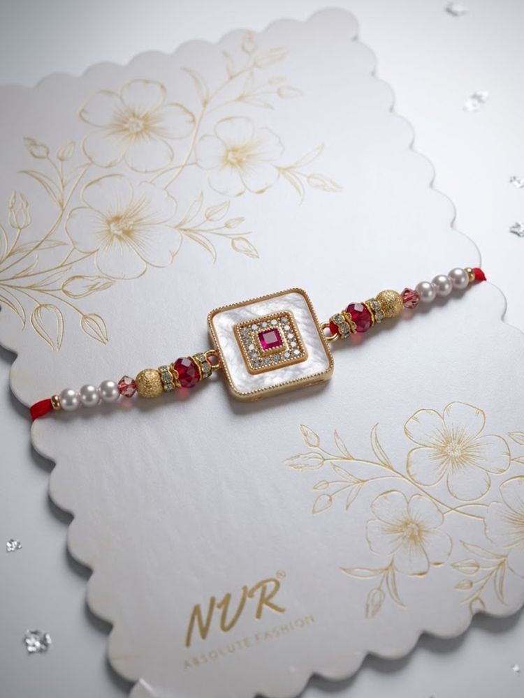 NVR Square Design Multicolor Artificial Stones & Pearls Thread Rakhi With Roli Chawal | Grocsy