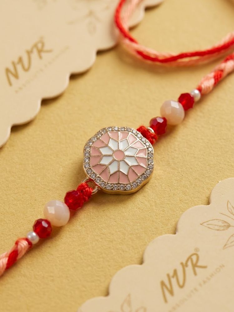 NVR Floral Design Multicolor Artificial Stones & Beads Thread Rakhi With Roli Chawal | Grocsy