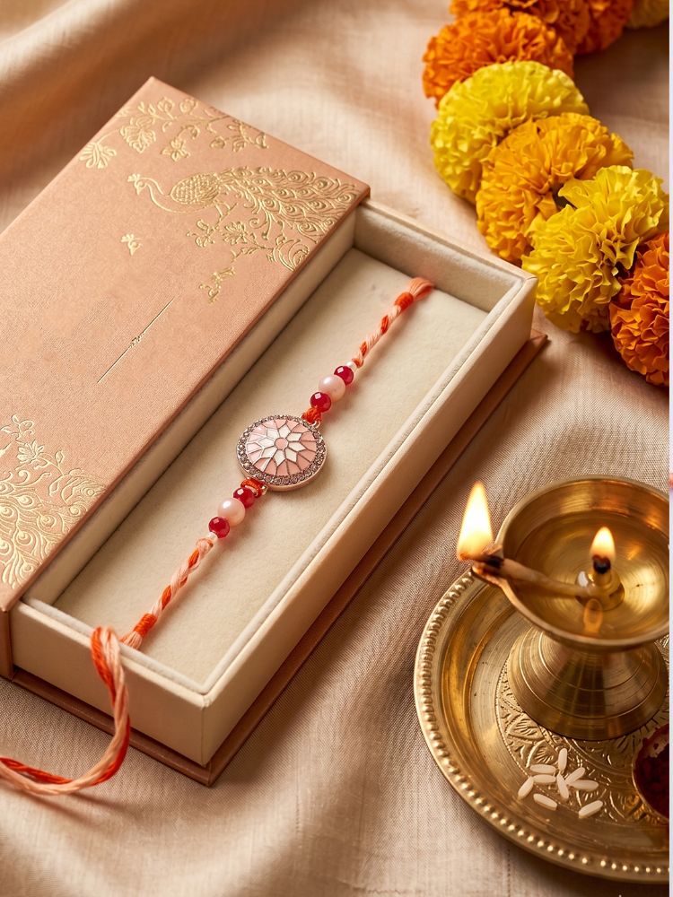 NVR Floral Design Multicolor Artificial Stones & Beads Thread Rakhi With Roli Chawal | Grocsy