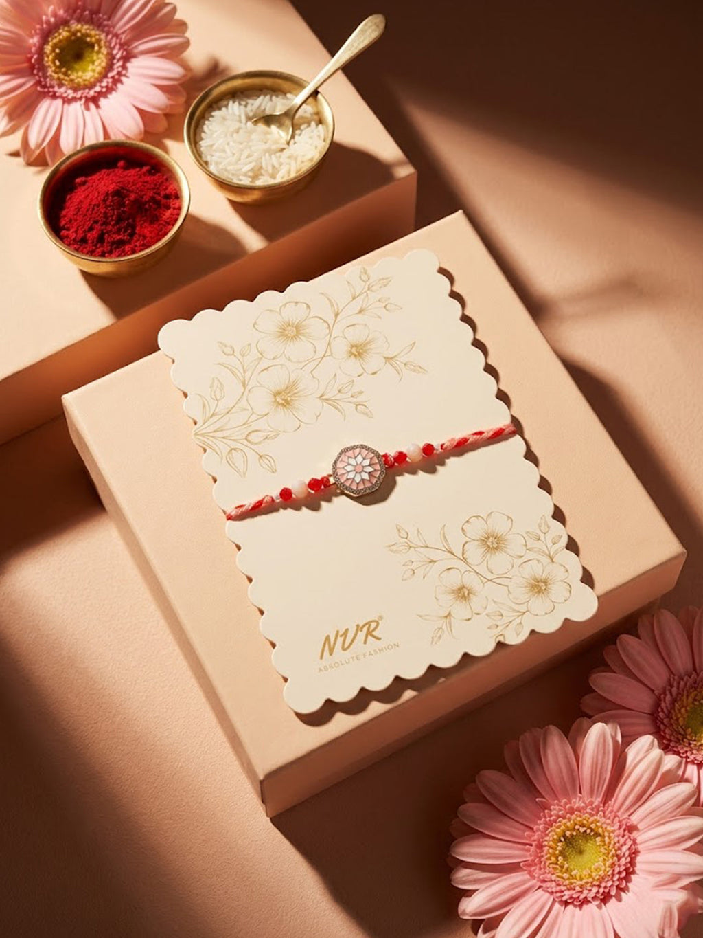 NVR Floral Design Multicolor Artificial Stones & Beads Thread Rakhi With Roli Chawal | Grocsy