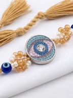 NVR Round Artificial Stones & Beads Brown Thread Rakhi With Roli Chawal Chandan Mishri | Grocsy