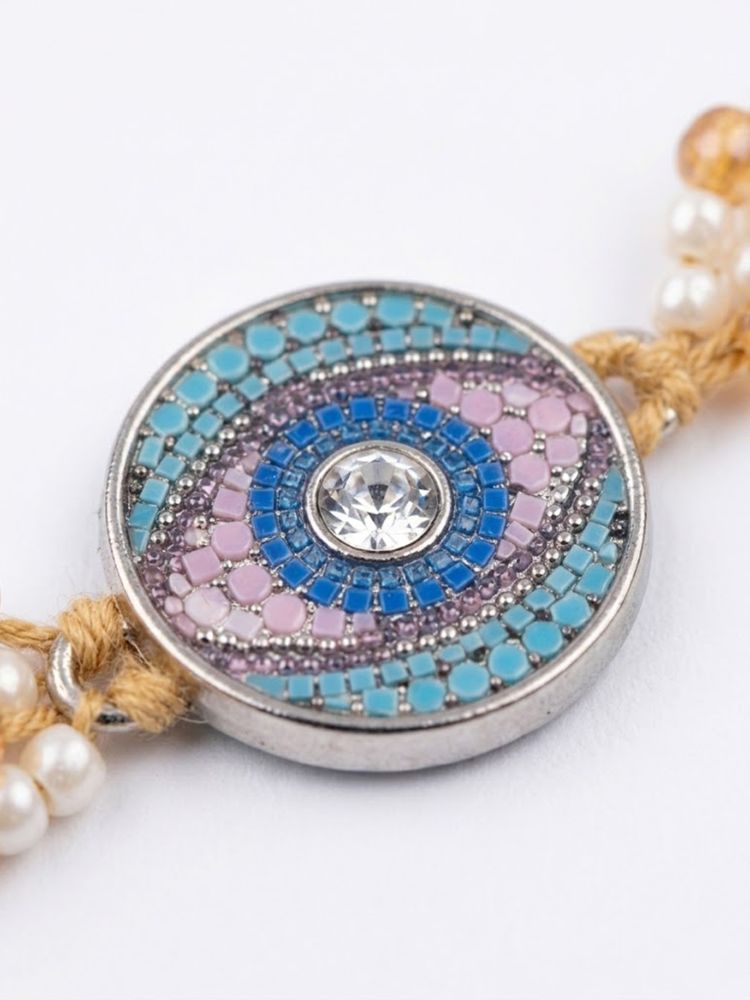 NVR Round Artificial Stones & Beads Brown Thread Rakhi With Roli Chawal Chandan Mishri | Grocsy