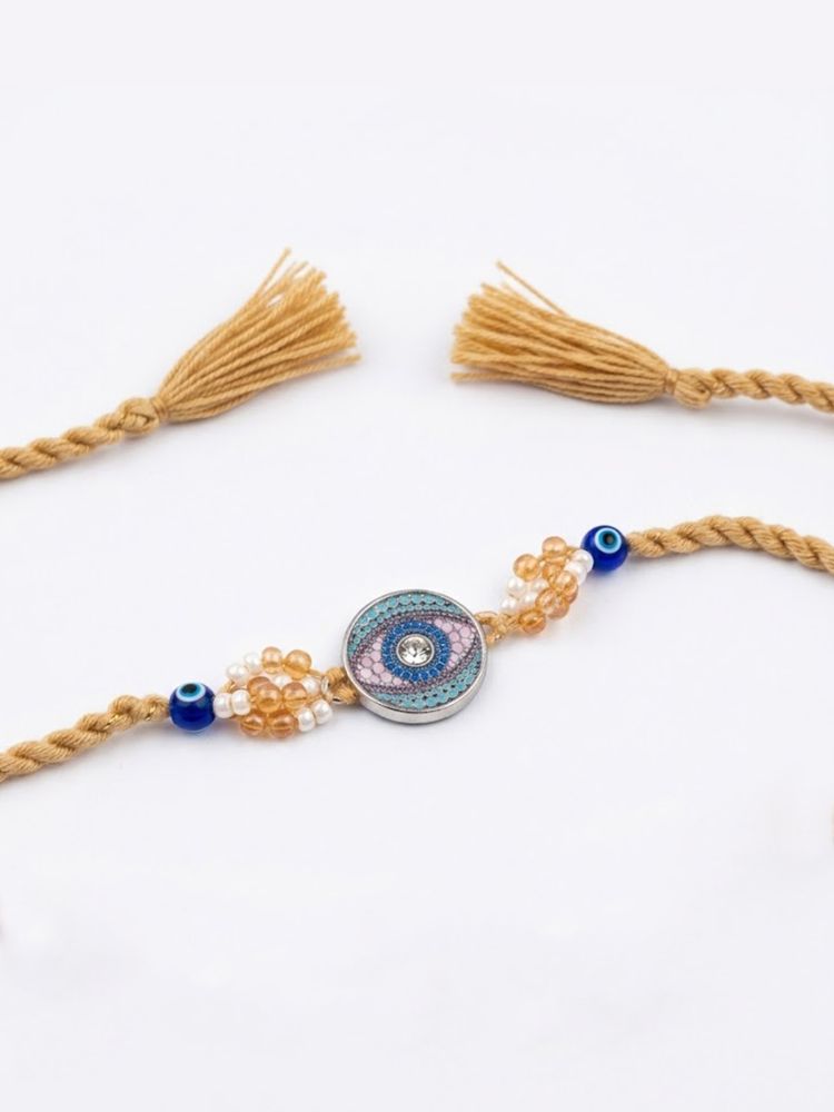 NVR Round Artificial Stones & Beads Brown Thread Rakhi With Roli Chawal Chandan Mishri | Grocsy