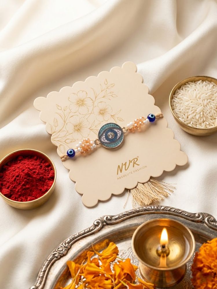 NVR Round Artificial Stones & Beads Brown Thread Rakhi With Roli Chawal Chandan Mishri | Grocsy