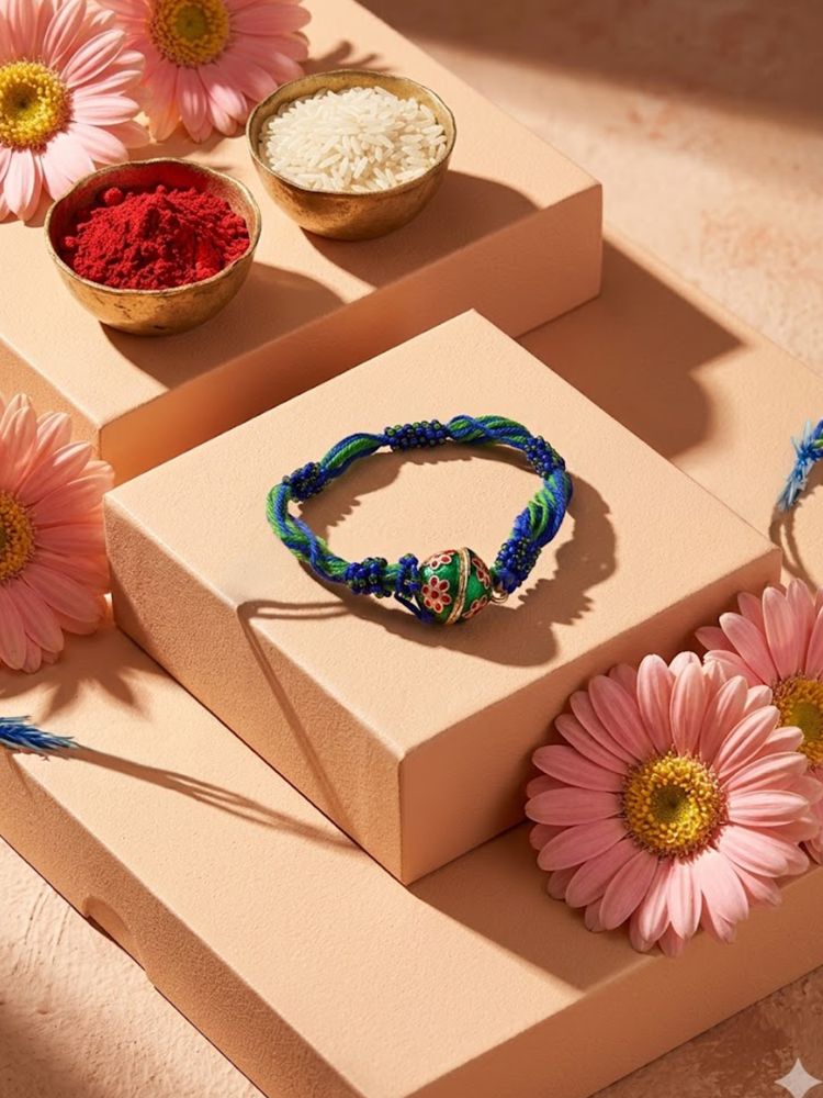 NVR Magnetic Opening Blue Meenakari Work Thread Rakhi with Roli Chawal Chandan Mishri | Grocsy