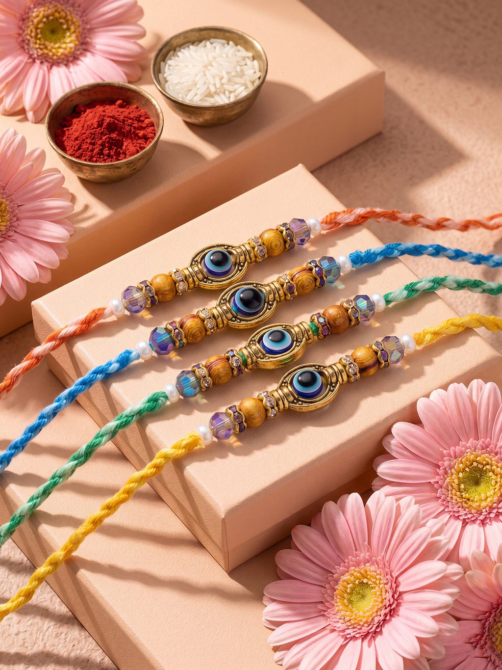 NVR Set of 4 Multicolor Evil Eye Thread Rakhi with Roli Chawal Chandan Mishri | Grocsy