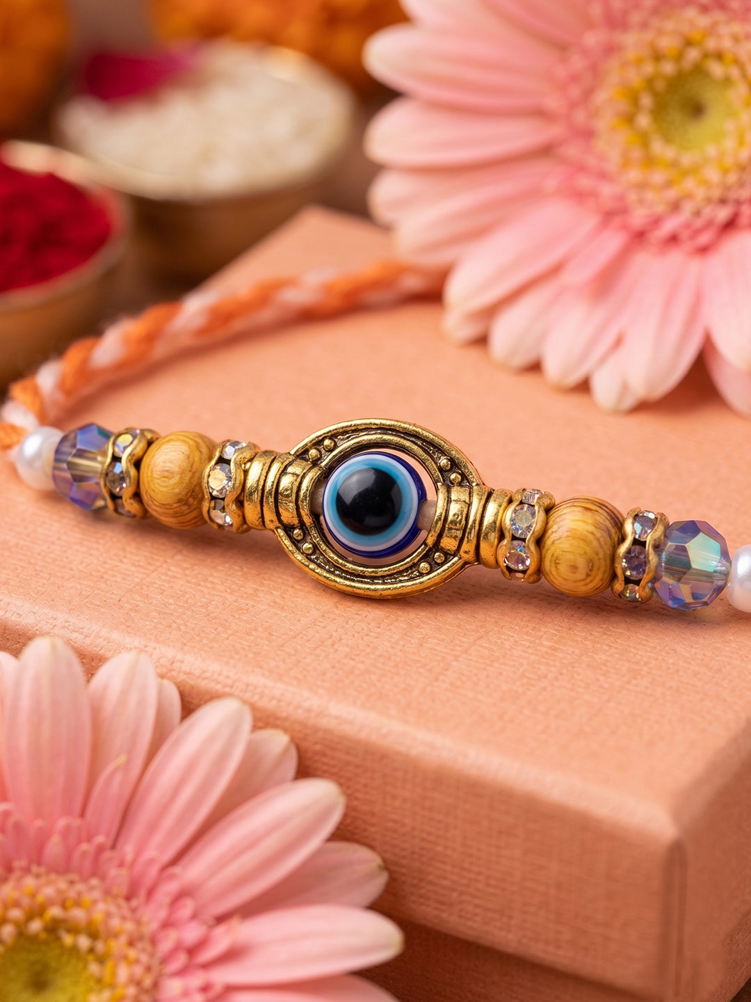 NVR Set of 4 Multicolor Evil Eye Thread Rakhi with Roli Chawal Chandan Mishri | Grocsy