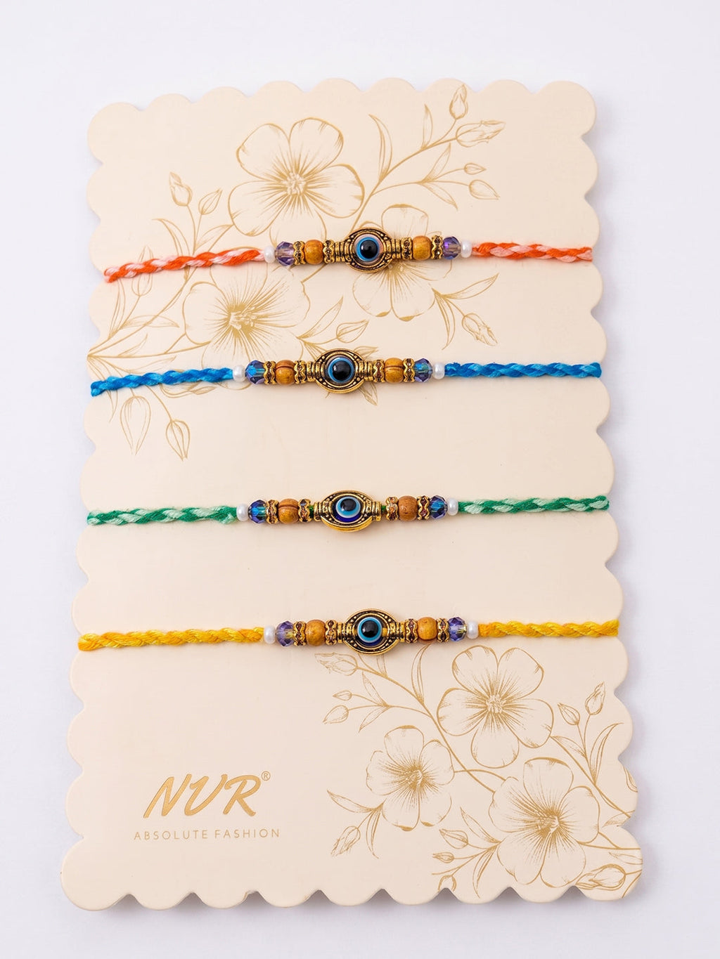 NVR Set of 4 Multicolor Evil Eye Thread Rakhi with Roli Chawal Chandan Mishri | Grocsy