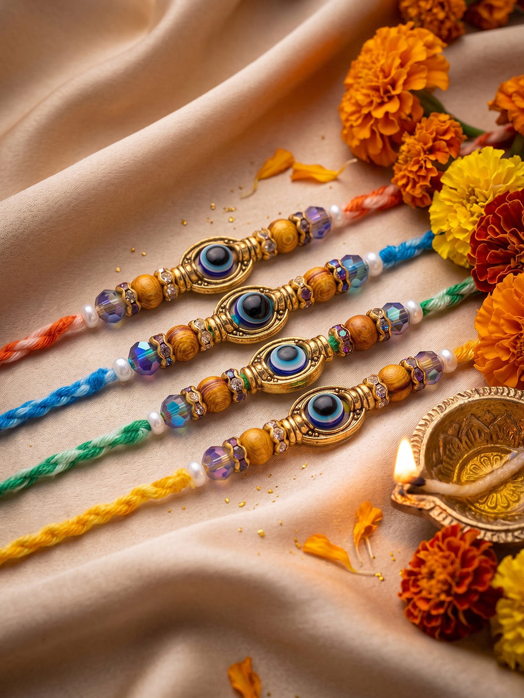 NVR Set of 4 Multicolor Evil Eye Thread Rakhi with Roli Chawal Chandan Mishri | Grocsy