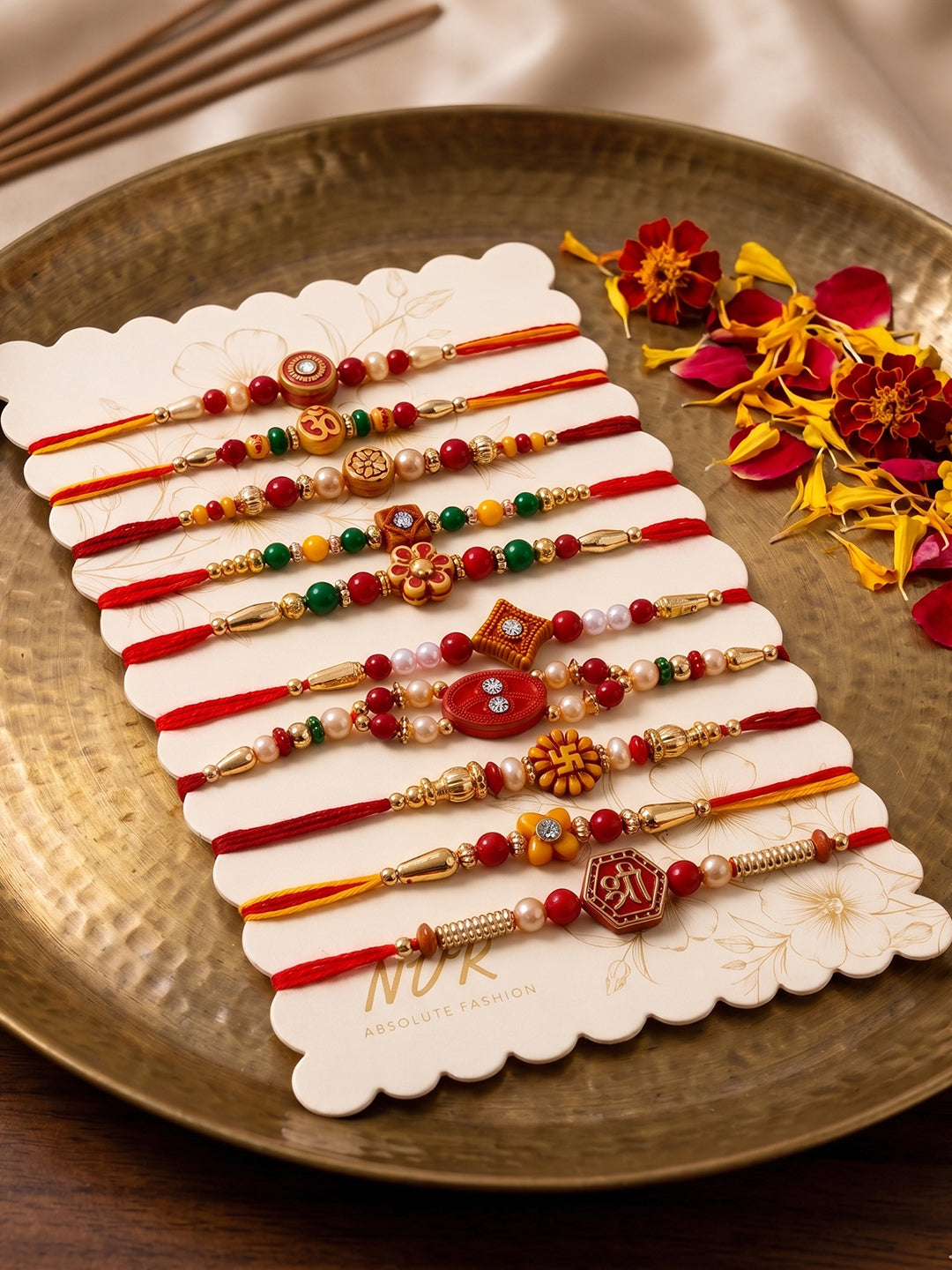 NVR Set of 10 Artificial Stones & Beads Thread Rakhi with Roli Chawal Chandan Mishri | Grocsy