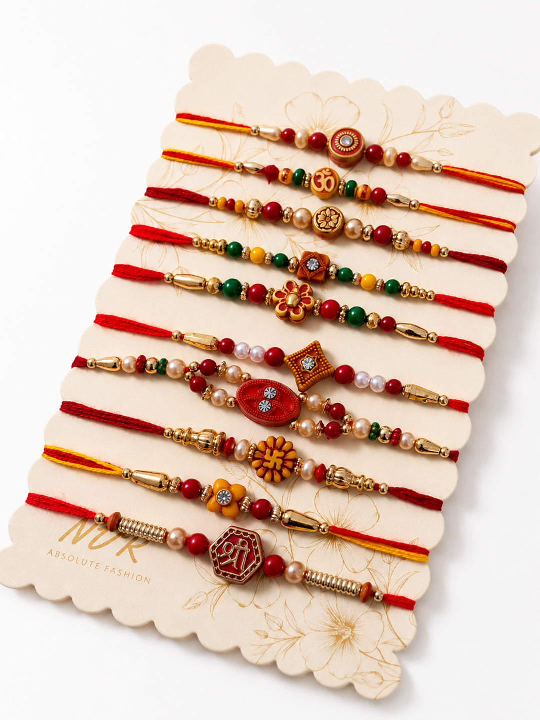 NVR Set of 10 Artificial Stones & Beads Thread Rakhi with Roli Chawal Chandan Mishri | Grocsy