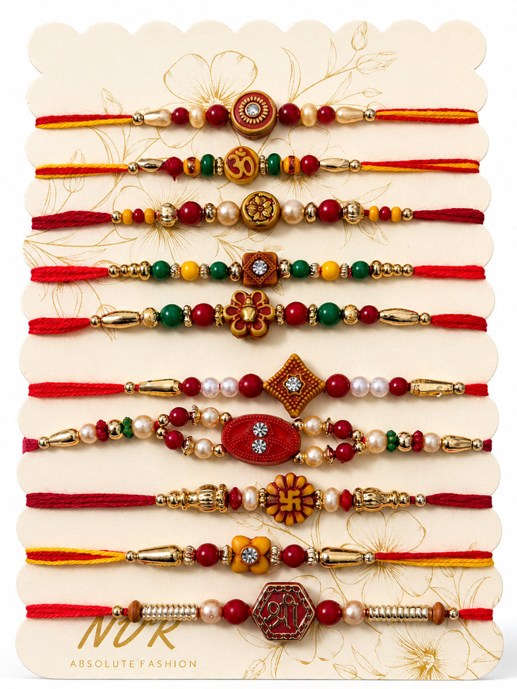NVR Set of 10 Artificial Stones & Beads Thread Rakhi with Roli Chawal Chandan Mishri | Grocsy