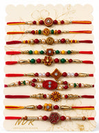 NVR Set of 10 Artificial Stones & Beads Thread Rakhi with Roli Chawal Chandan Mishri | Grocsy