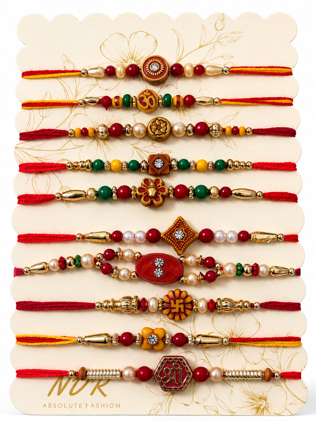 NVR Set of 10 Artificial Stones & Beads Thread Rakhi with Roli Chawal Chandan Mishri | Grocsy