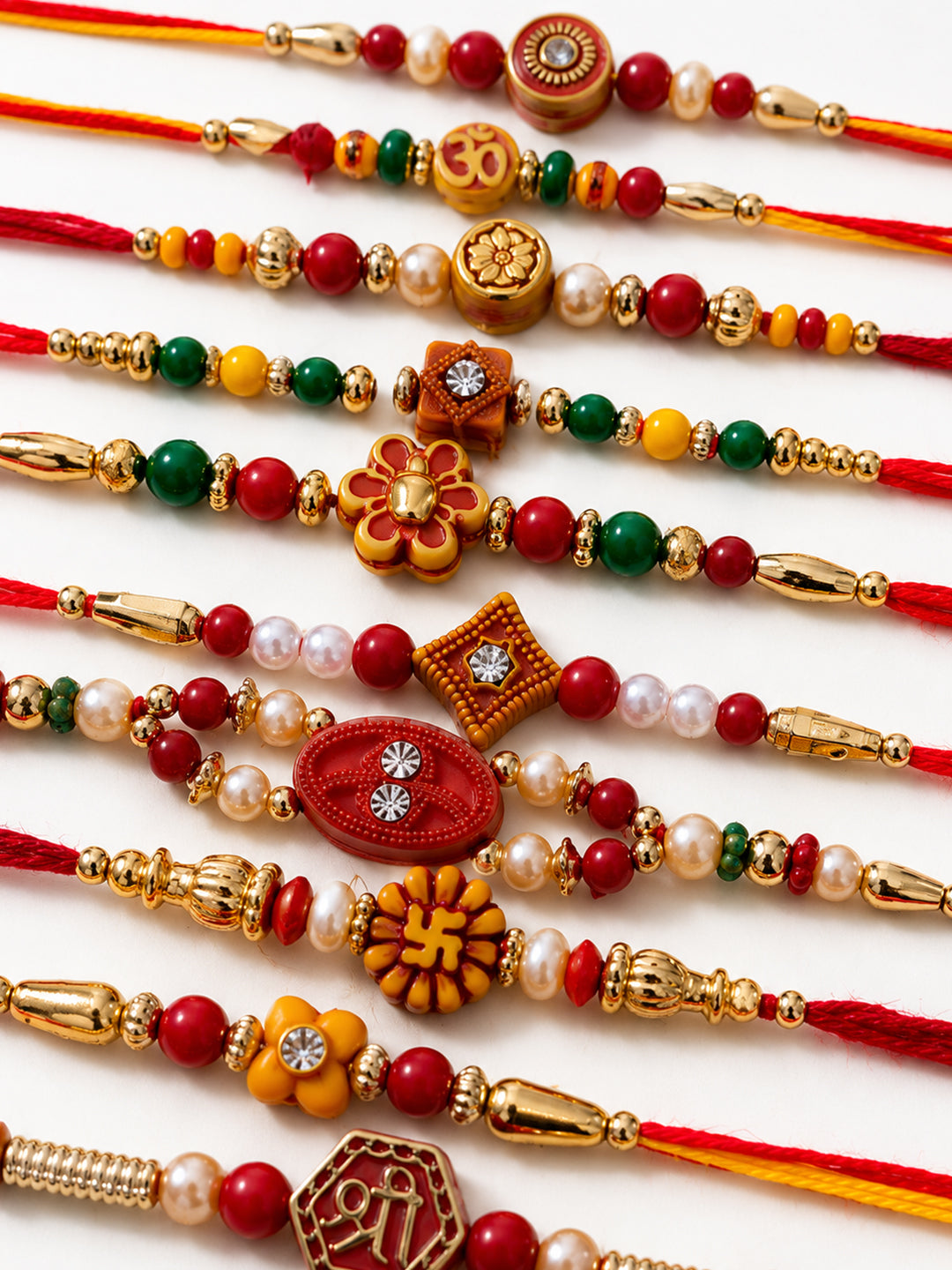 NVR Set of 10 Artificial Stones & Beads Thread Rakhi with Roli Chawal Chandan Mishri | Grocsy