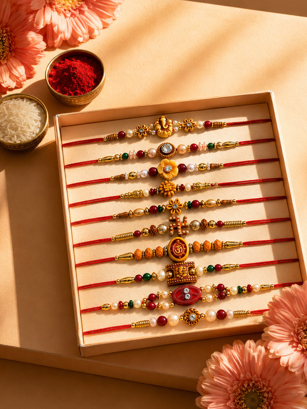 NVR Set of 10 Artificial Stones & Beads Thread Rakhi with Roli Chawal Chandan Mishri | Grocsy