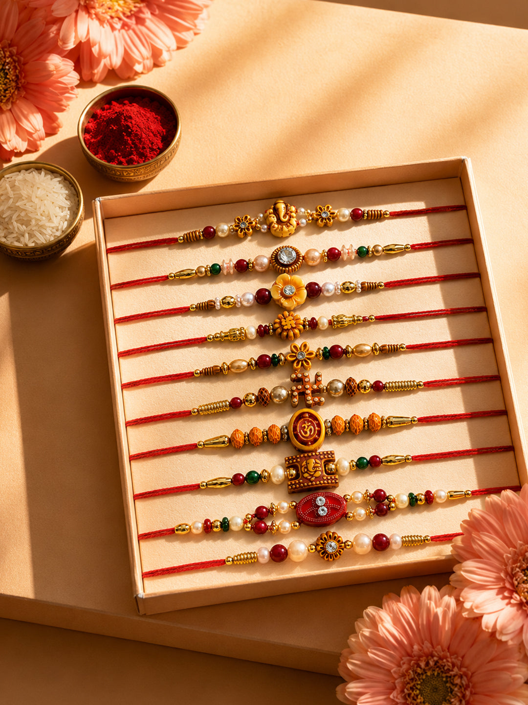 NVR Set of 10 Artificial Stones & Beads Thread Rakhi with Roli Chawal Chandan Mishri | Grocsy