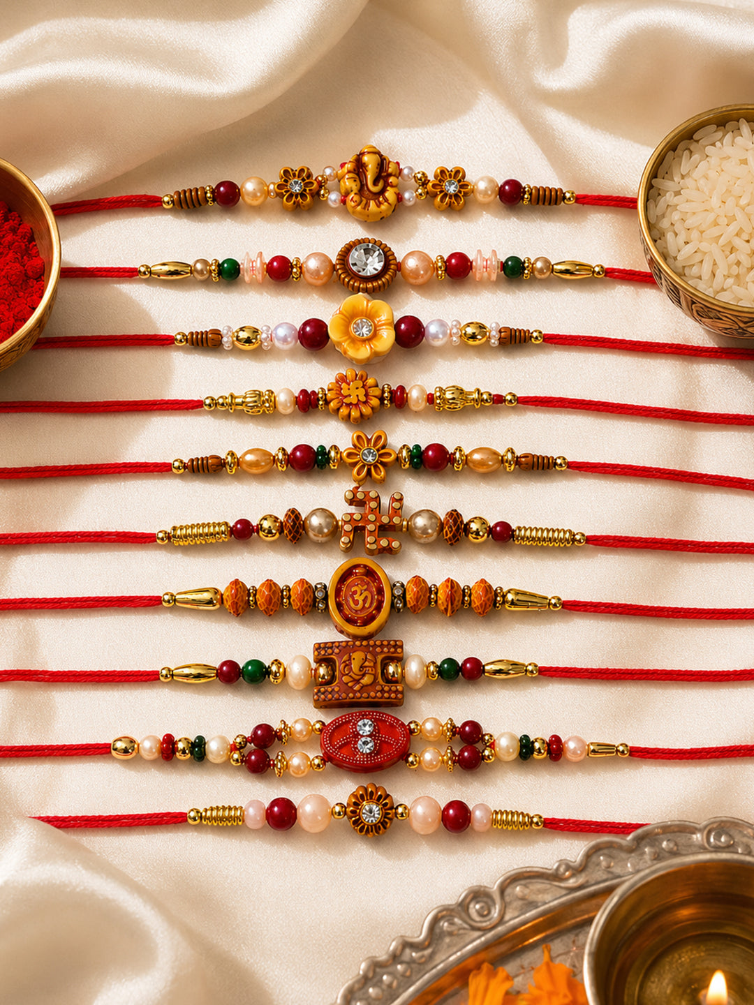 NVR Set of 10 Artificial Stones & Beads Thread Rakhi with Roli Chawal Chandan Mishri | Grocsy