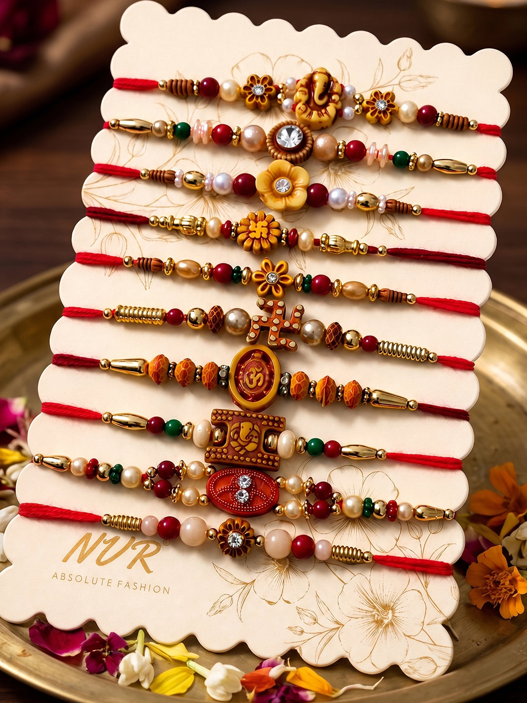 NVR Set of 10 Artificial Stones & Beads Thread Rakhi with Roli Chawal Chandan Mishri | Grocsy