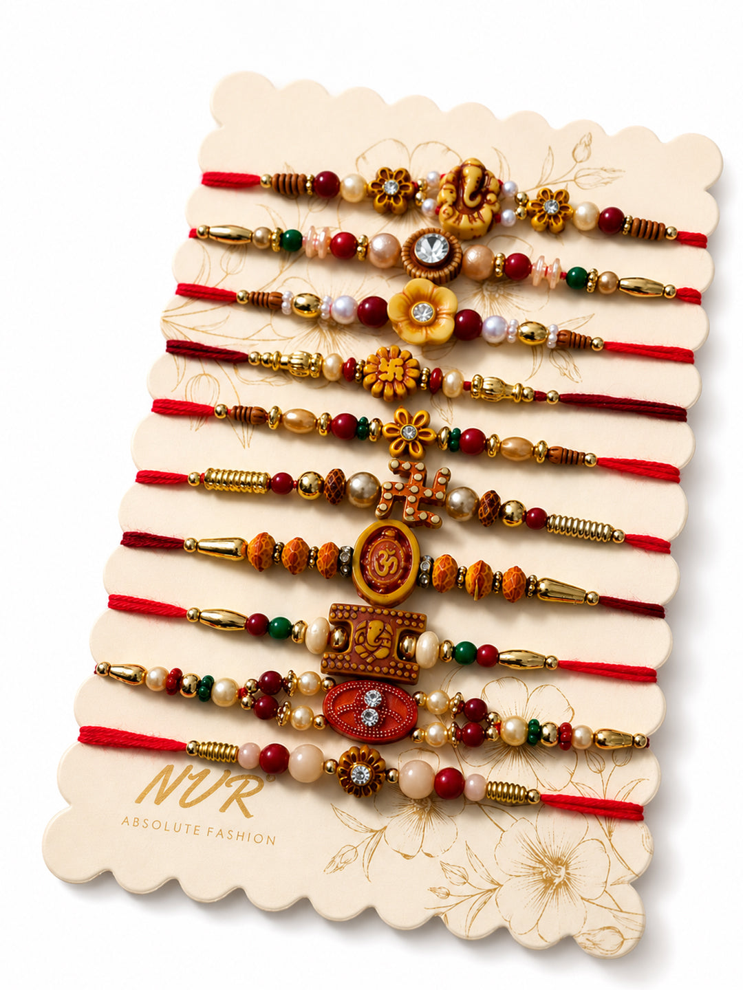 NVR Set of 10 Artificial Stones & Beads Thread Rakhi with Roli Chawal Chandan Mishri | Grocsy