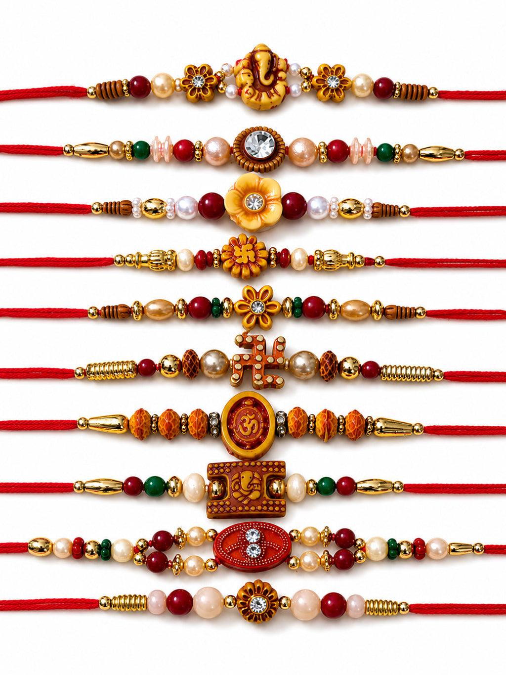 NVR Set of 10 Artificial Stones & Beads Thread Rakhi with Roli Chawal Chandan Mishri | Grocsy