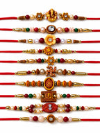 NVR Set of 10 Artificial Stones & Beads Thread Rakhi with Roli Chawal Chandan Mishri | Grocsy