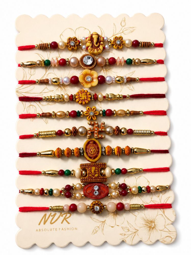 NVR Set of 10 Artificial Stones & Beads Thread Rakhi with Roli Chawal Chandan Mishri | Grocsy
