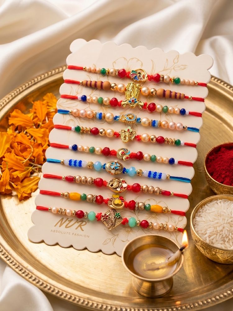 NVR Set of 10 Artificial Stones & Beads Thread Rakhi with Roli Chawal Chandan Mishri | Grocsy