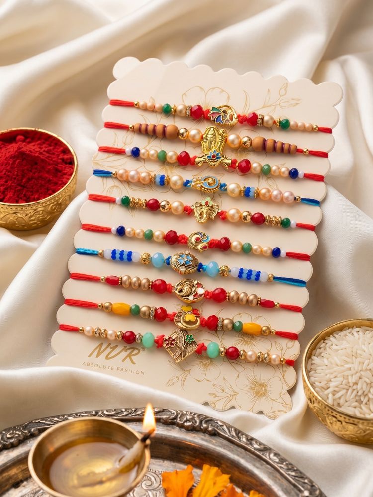NVR Set of 10 Artificial Stones & Beads Thread Rakhi with Roli Chawal Chandan Mishri | Grocsy