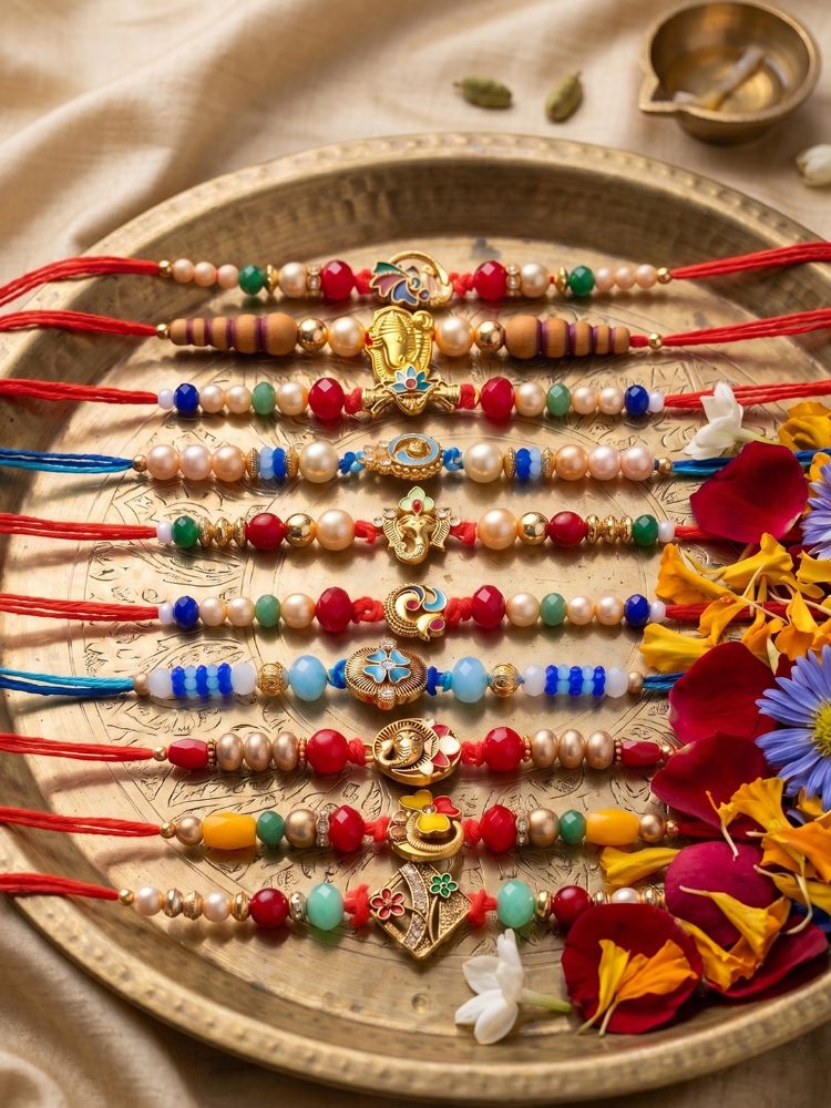 NVR Set of 10 Artificial Stones & Beads Thread Rakhi with Roli Chawal Chandan Mishri | Grocsy