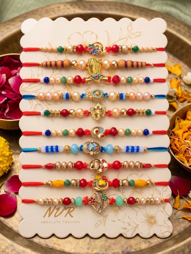 NVR Set of 10 Artificial Stones & Beads Thread Rakhi with Roli Chawal Chandan Mishri | Grocsy