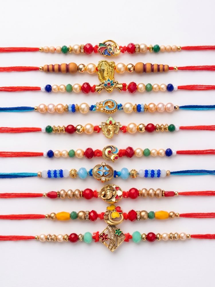 NVR Set of 10 Artificial Stones & Beads Thread Rakhi with Roli Chawal Chandan Mishri | Grocsy