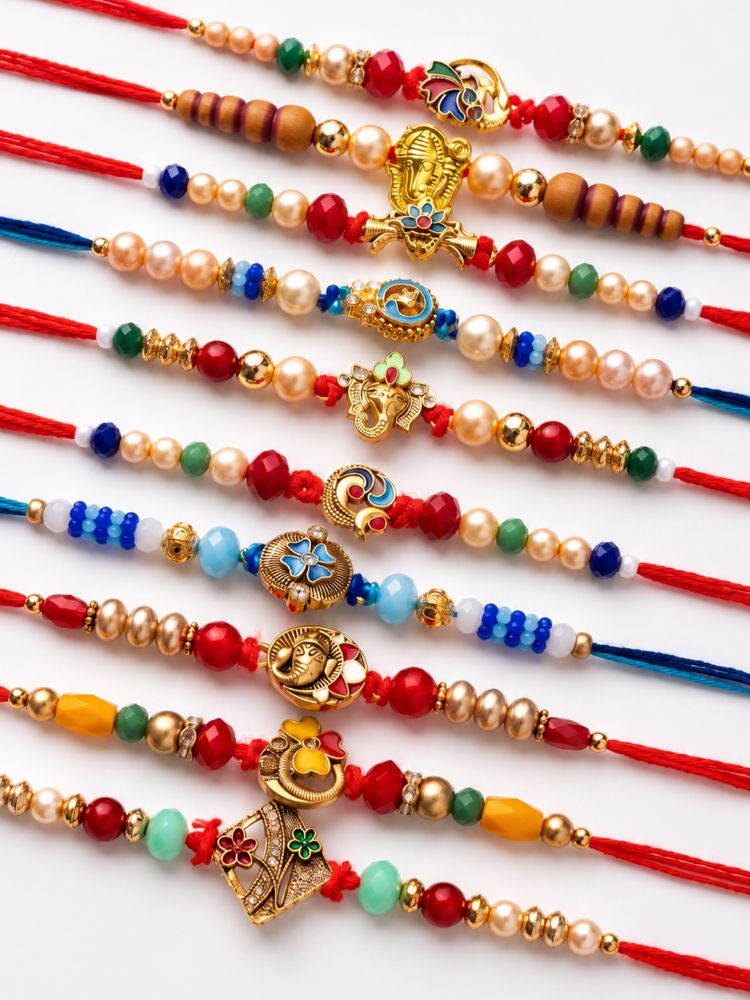 NVR Set of 10 Artificial Stones & Beads Thread Rakhi with Roli Chawal Chandan Mishri | Grocsy