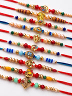NVR Set of 10 Artificial Stones & Beads Thread Rakhi with Roli Chawal Chandan Mishri | Grocsy