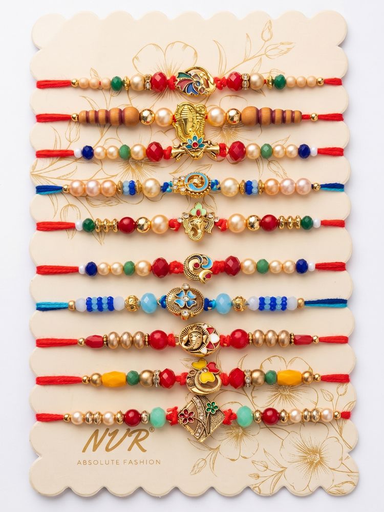 NVR Set of 10 Artificial Stones & Beads Thread Rakhi with Roli Chawal Chandan Mishri | Grocsy