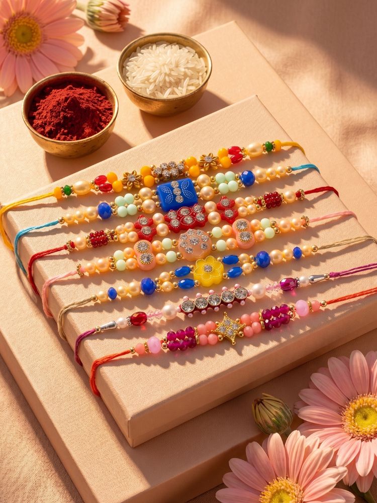 NVR Set of 7 Multicolor Designer Thread Rakhi with Roli Chawal Chandan Mishri | Grocsy